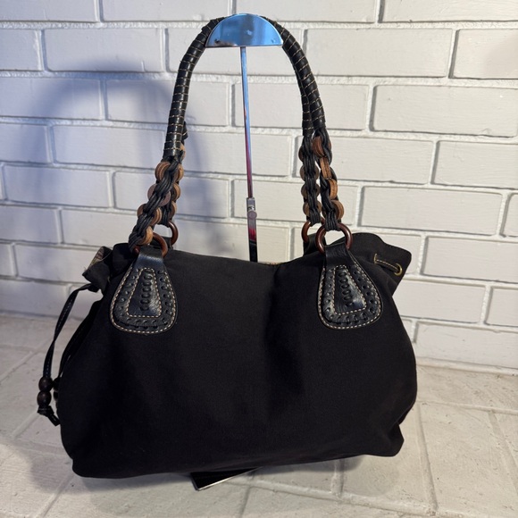 Fossil Hobo Canvas Handbag EUC Multi Strip Leather Trim - Picture 1 of 15